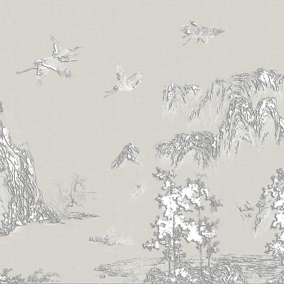 高清新中式亭台楼阁线条肌理背景墙壁画