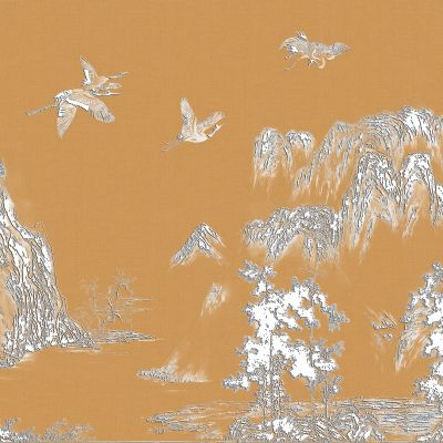 高清新中式亭台楼阁线条肌理背景墙壁画