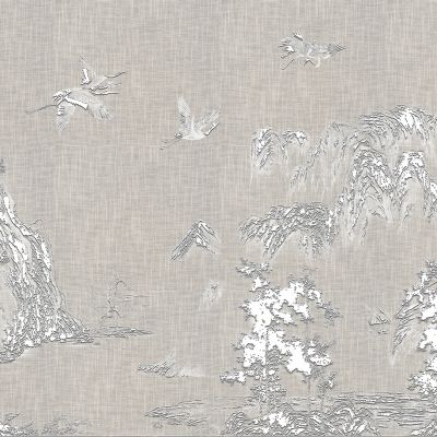 高清新中式亭台楼阁线条肌理背景墙壁画