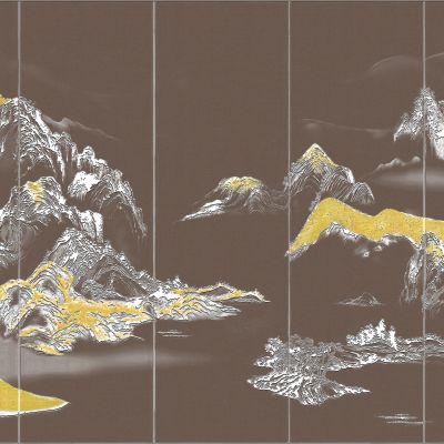 高清新中式亭台楼阁线条肌理背景墙壁画3D贴图