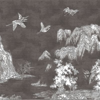 高清新中式亭台楼阁线条肌理背景墙壁画3D贴图