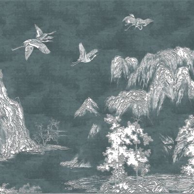 高清新中式亭台楼阁线条肌理背景墙壁画