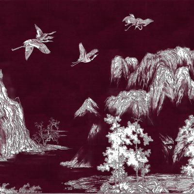 高清新中式亭台楼阁线条肌理背景墙壁画