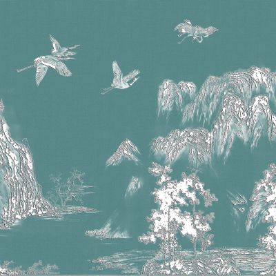 高清新中式亭台楼阁线条肌理背景墙壁画