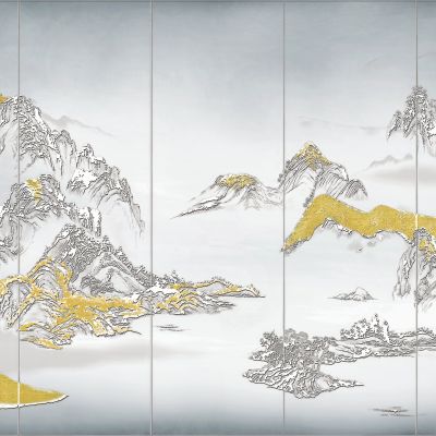 高清新中式亭台楼阁线条肌理背景墙壁画