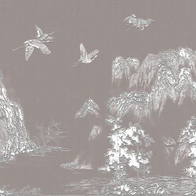 高清新中式亭台楼阁线条肌理背景墙壁画