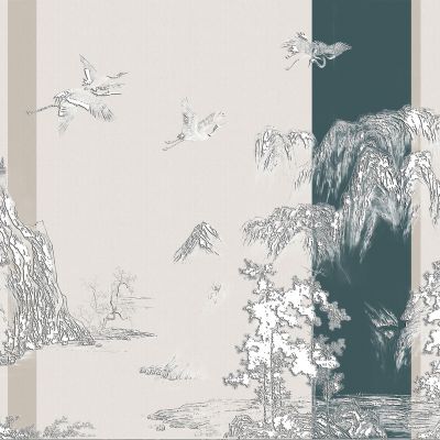 高清新中式亭台楼阁线条肌理背景墙壁画