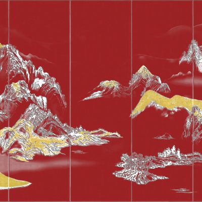 高清新中式亭台楼阁线条肌理背景墙壁画