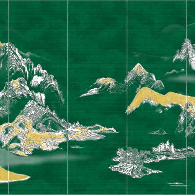 高清新中式亭台楼阁线条肌理背景墙壁画