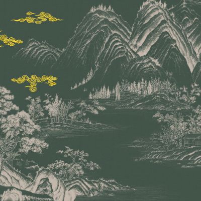 高清新中式亭台楼阁线条肌理背景墙壁画