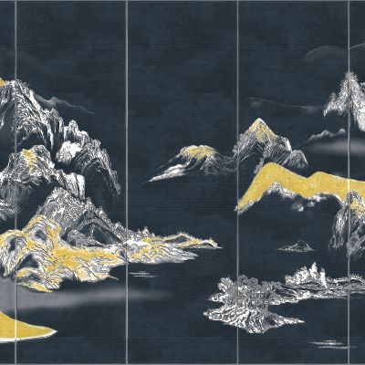 高清新中式亭台楼阁线条肌理背景墙壁画