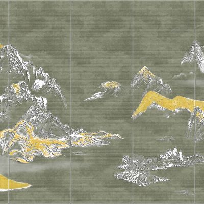 高清新中式亭台楼阁线条肌理背景墙壁画