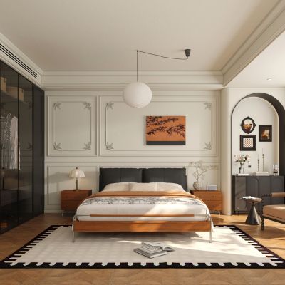 现代中古风卧室 主卧 飘窗卧室 中古风双人床