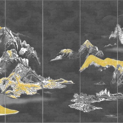 高清新中式亭台楼阁线条肌理背景墙壁画