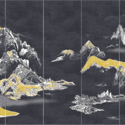 高清新中式亭台楼阁线条肌理背景墙壁画