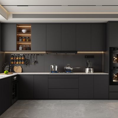 现代极简厨房 u型厨房 黑白灰厨房 暗黑风厨房