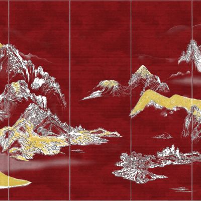 高清新中式亭台楼阁线条肌理背景墙壁画