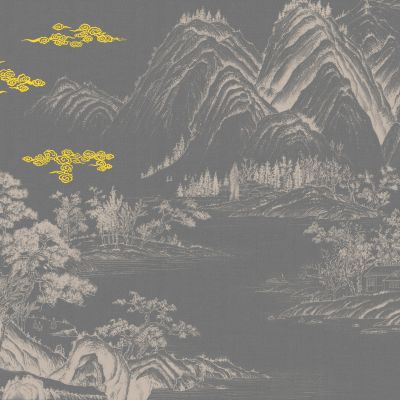 高清新中式亭台楼阁线条肌理背景墙壁画