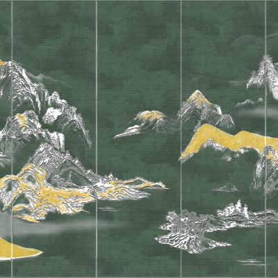 高清新中式亭台楼阁线条肌理背景墙壁画