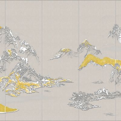 高清新中式亭台楼阁线条肌理背景墙壁画