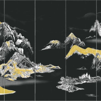 高清新中式亭台楼阁线条肌理背景墙壁画