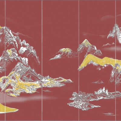 高清新中式亭台楼阁线条肌理背景墙壁画