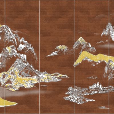 高清新中式亭台楼阁线条肌理背景墙壁画