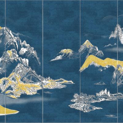 高清新中式亭台楼阁线条肌理背景墙壁画