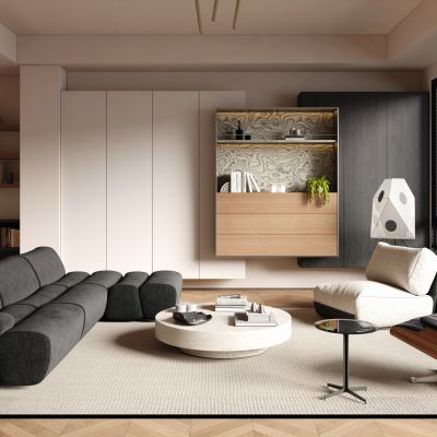 现代复古家居客厅 横厅 无主灯客厅 现代客厅 黑白灰客厅