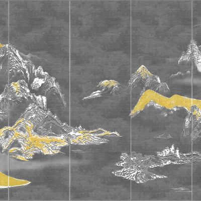 高清新中式亭台楼阁线条肌理背景墙壁画