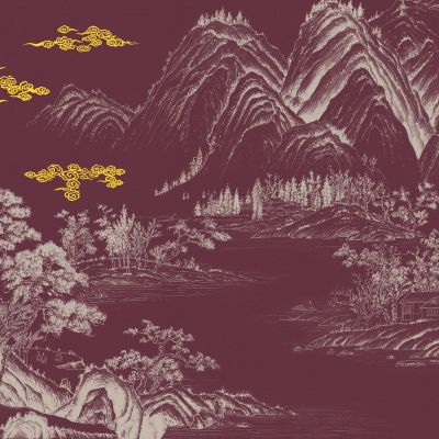 高清新中式亭台楼阁线条肌理背景墙壁画