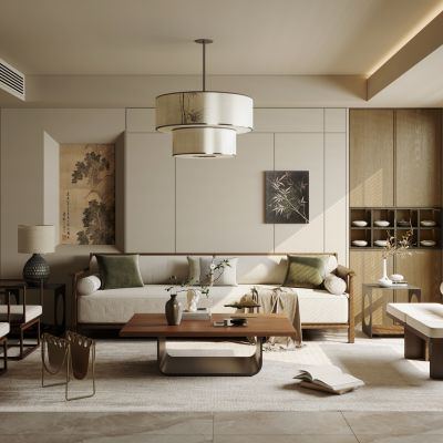 宋式复古风客厅  横厅 新中式客厅 小户型 高级灰客厅