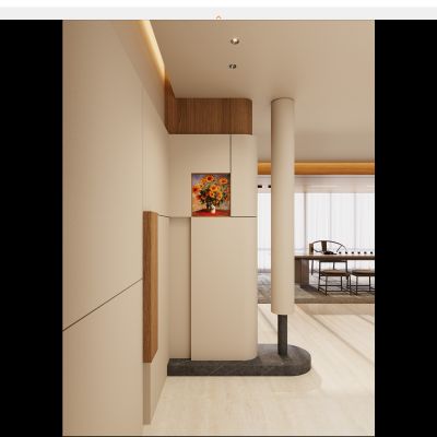 意式 奶油风 圆柱 弧形造型 透景 隔断 实木顶 玄关