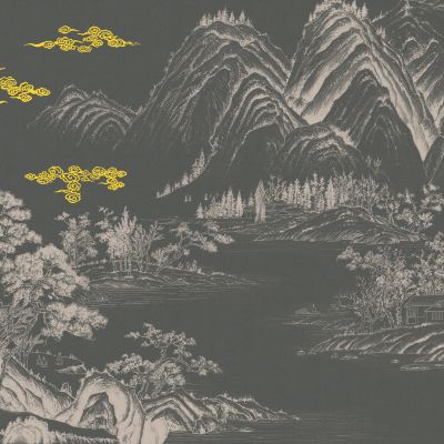 高清新中式亭台楼阁线条肌理背景墙壁画