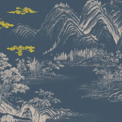 高清新中式亭台楼阁线条肌理背景墙壁画