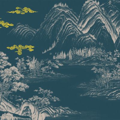 高清新中式亭台楼阁线条肌理背景墙壁画