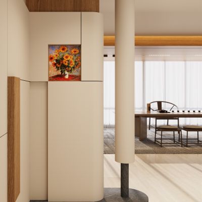 意式 奶油风 圆柱 弧形造型 透景 隔断 实木顶 玄关