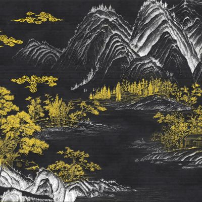 高清新中式亭台楼阁线条肌理背景墙壁画