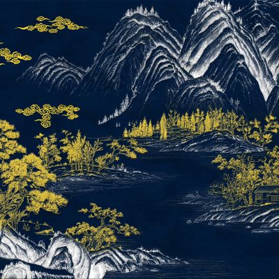 高清新中式亭台楼阁线条肌理背景墙壁画