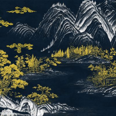 高清新中式亭台楼阁线条肌理背景墙壁画