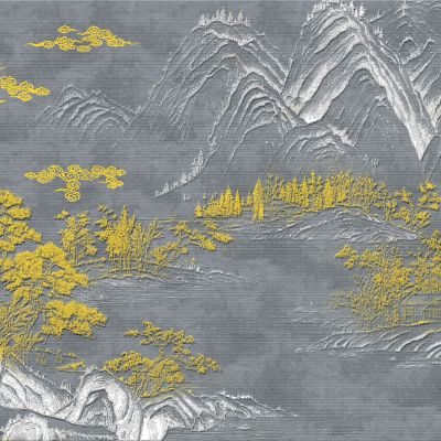 高清新中式亭台楼阁线条肌理背景墙壁画