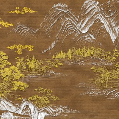 高清新中式亭台楼阁线条肌理背景墙壁画