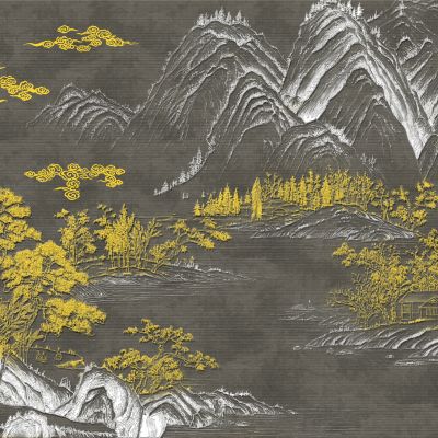高清新中式亭台楼阁线条肌理背景墙壁画