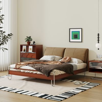 现代中古双人床 主卧床 实木床 实木床头柜 成品双人床