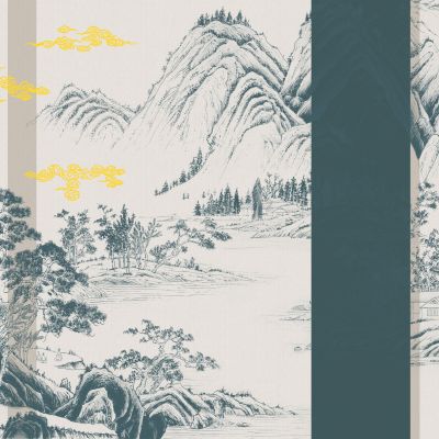 高清新中式亭台楼阁线条肌理背景墙壁画