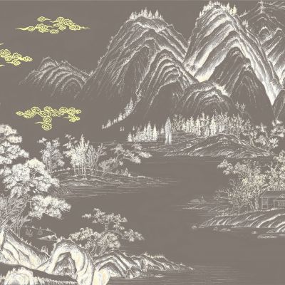 高清新中式亭台楼阁线条肌理背景墙壁画