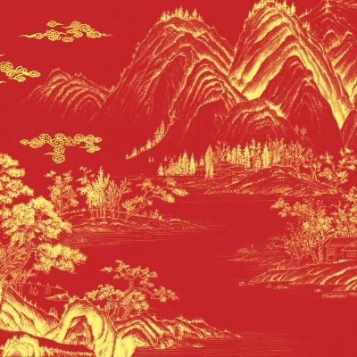 高清新中式亭台楼阁线条肌理背景墙壁画