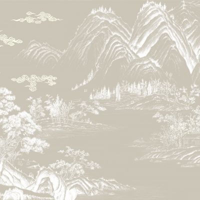 高清新中式亭台楼阁线条肌理背景墙壁画