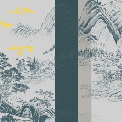 高清新中式亭台楼阁线条肌理背景墙壁画3D贴图