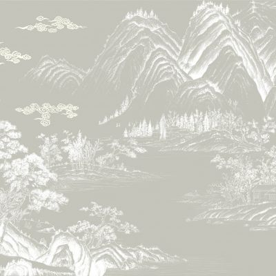 高清新中式亭台楼阁线条肌理背景墙壁画